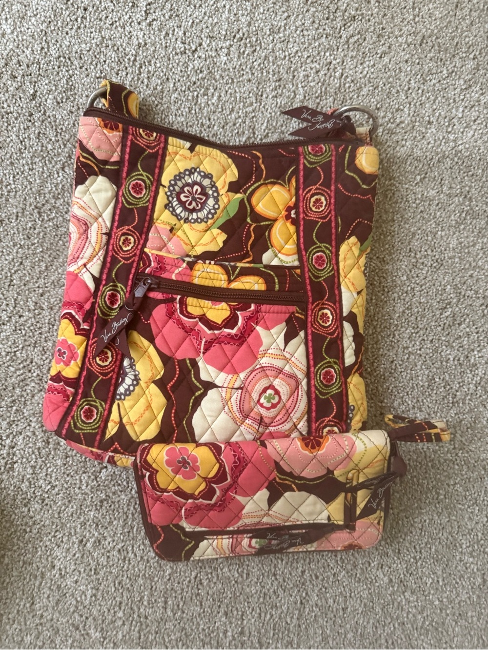 Vera Bradley Quilted Crossbody & Wallet in Floral Pink, Yellow, Brown